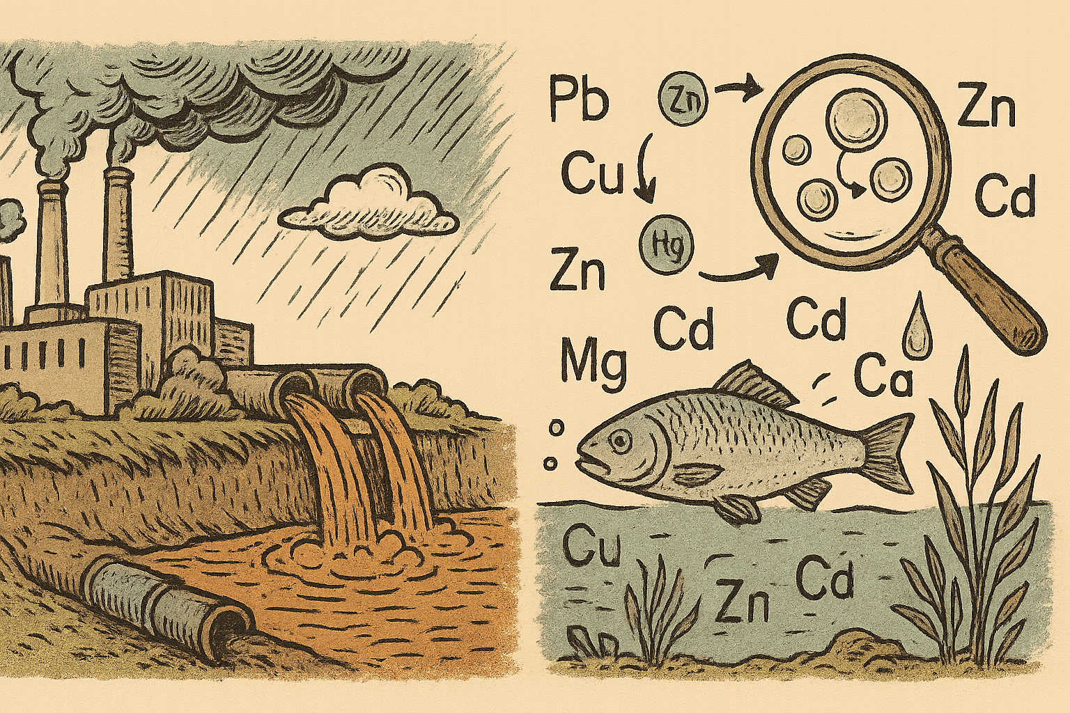 Illustration of metal pollution from factories entering waterways and contaminating fish