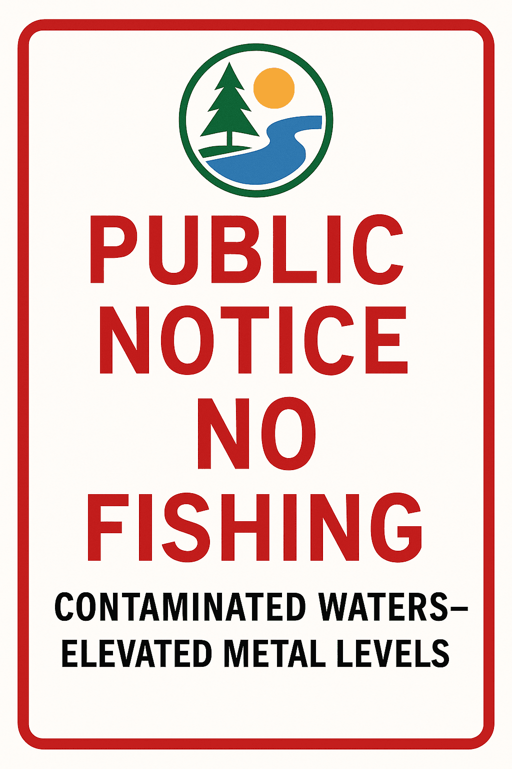 Public notice no fishing sign due to contaminated waters with elevated metal levels