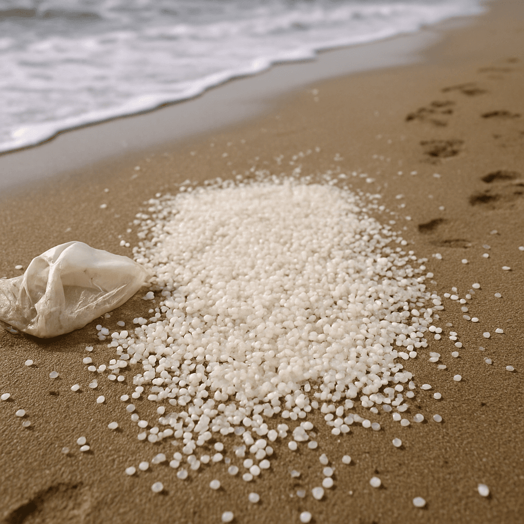 Plastic nurdles collected in a bag on a beach